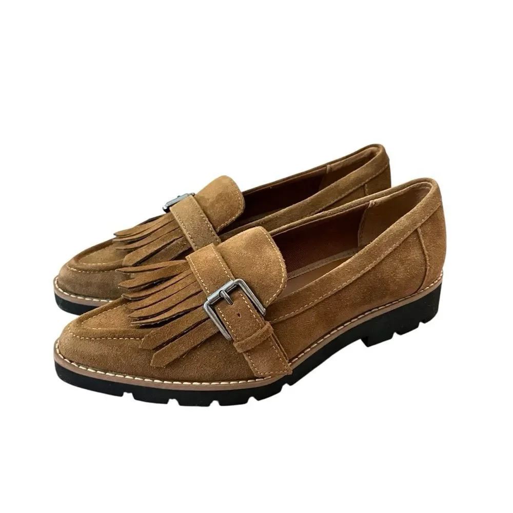 Franco Sarto Leather Suede Fringe Loafer Lug Sole